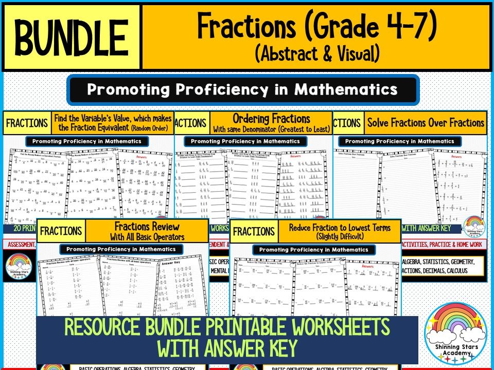 Fraction (Visual & Abstract) Worksheets BUNDLE for Grade 4–7 | Printable Math Practice