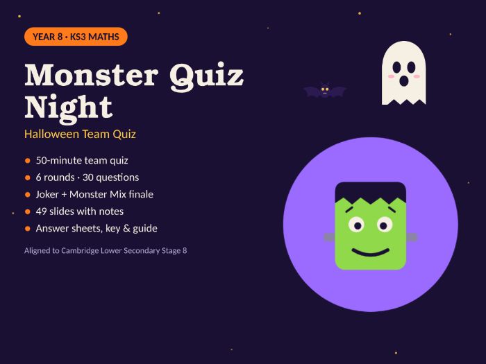 Halloween Maths Quiz Year 8 – Team PowerPoint Quiz, 6 Rounds + Answer Sheets (Cambridge Stage 8)