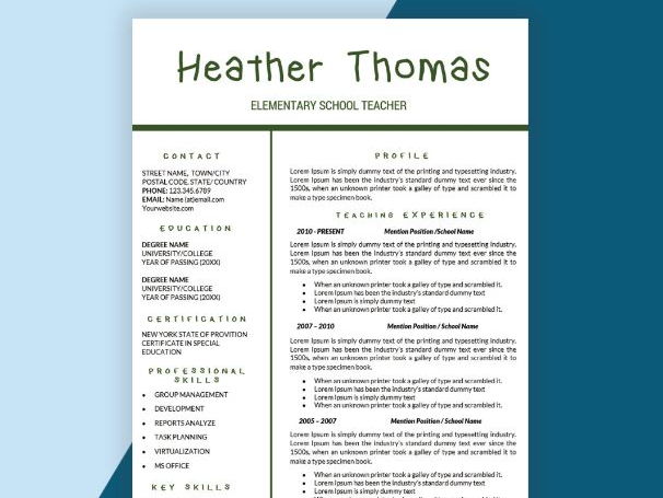 Teacher Resume, Teacher CV, Teaching Resume Cover Letter Instant Download, Elementary Resumes