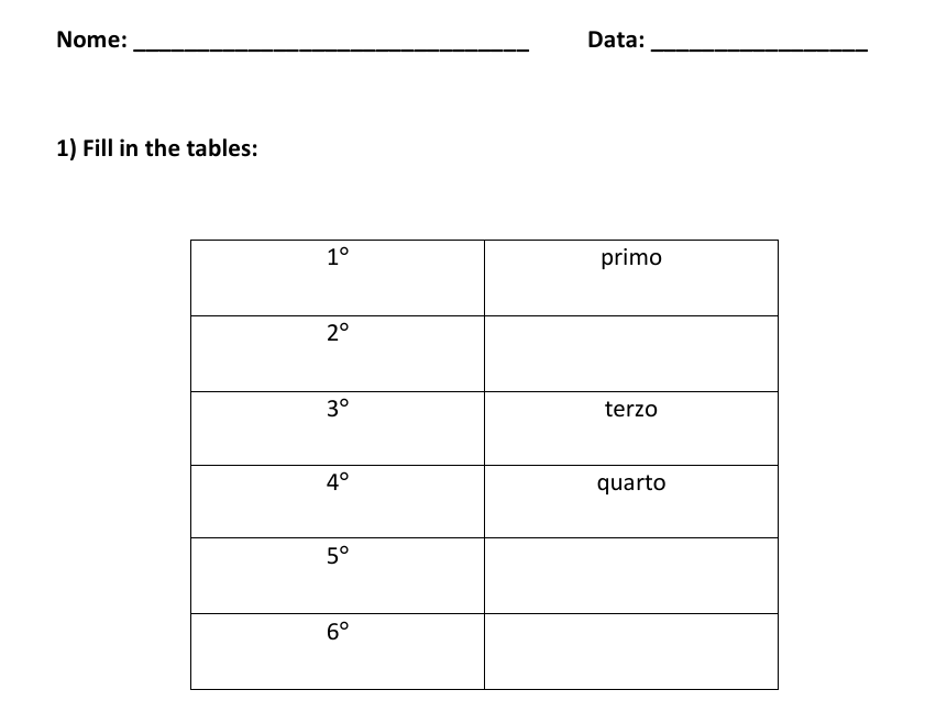 Ordinal Numbers in Italian Worksheets | Numeri Ordinali
