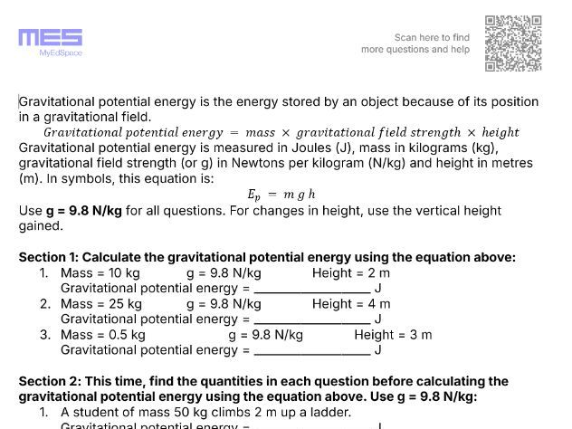 GCSE Physics AQA FT Topic 1: Energy - Gravitational Potential Energy Worksheet