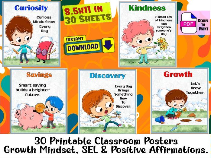 30 Printable Classroom Posters -Growth Mindset, SEL & Positive Affirmations.