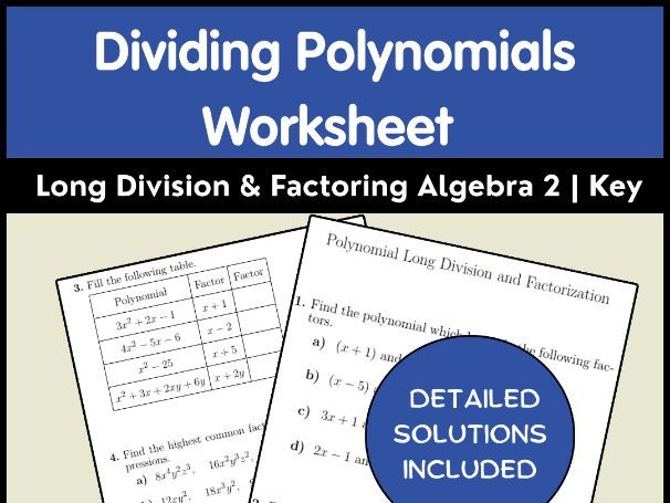 Dividing Polynomials Worksheet | Long Division & Factoring Algebra 2 | Key