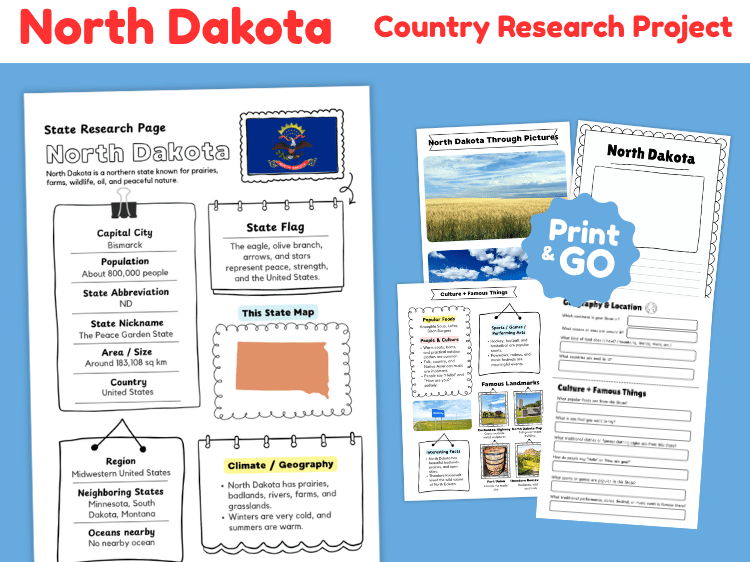 North Dakota State Research Project | US Geography & State Study Worksheets