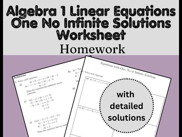 Algebra 1 Linear Equations One No Infinite Solutions Worksheet | Math Homework