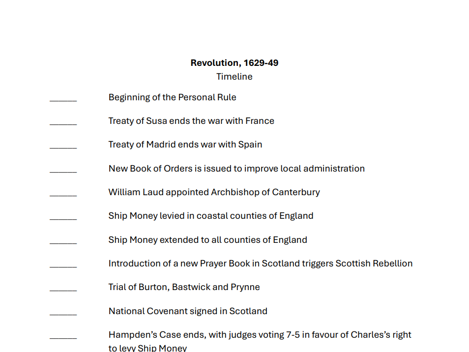 Key dates test - Revolution 1629-1649 (AQA A-level history Unit 1D)