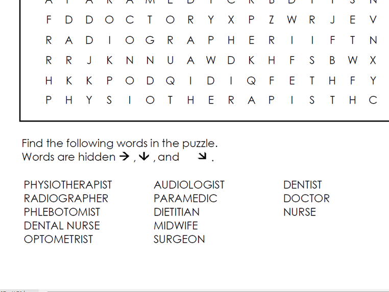 Clinical Roles in the NHS Wordsearch