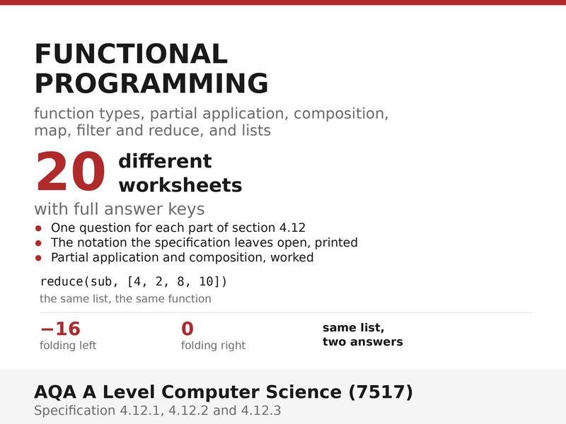 Functional Programming | AQA A Level Computer Science 7517 | 20 Worksheets + Answers