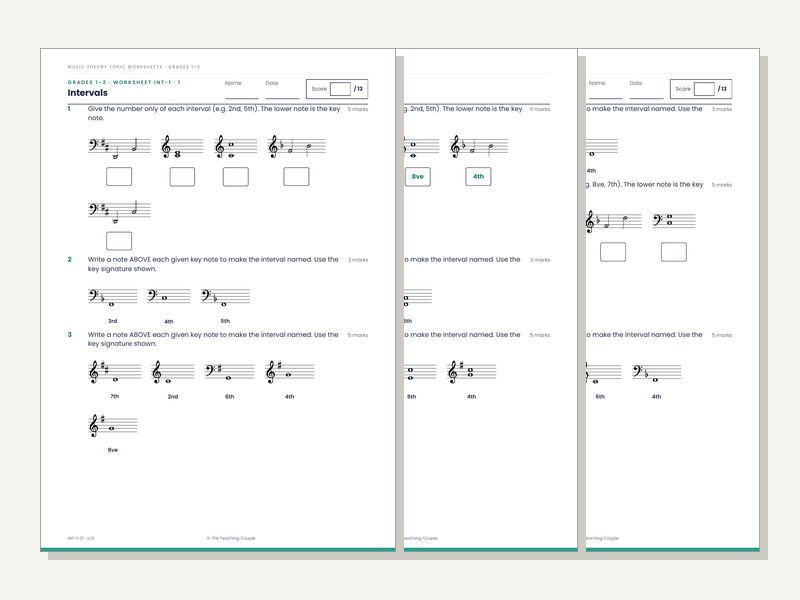 Grades 1–2 Music Theory Worksheets: Intervals (20 Sheets + Answers)