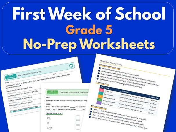 First Week of School Grade 5 | No-Prep Worksheets