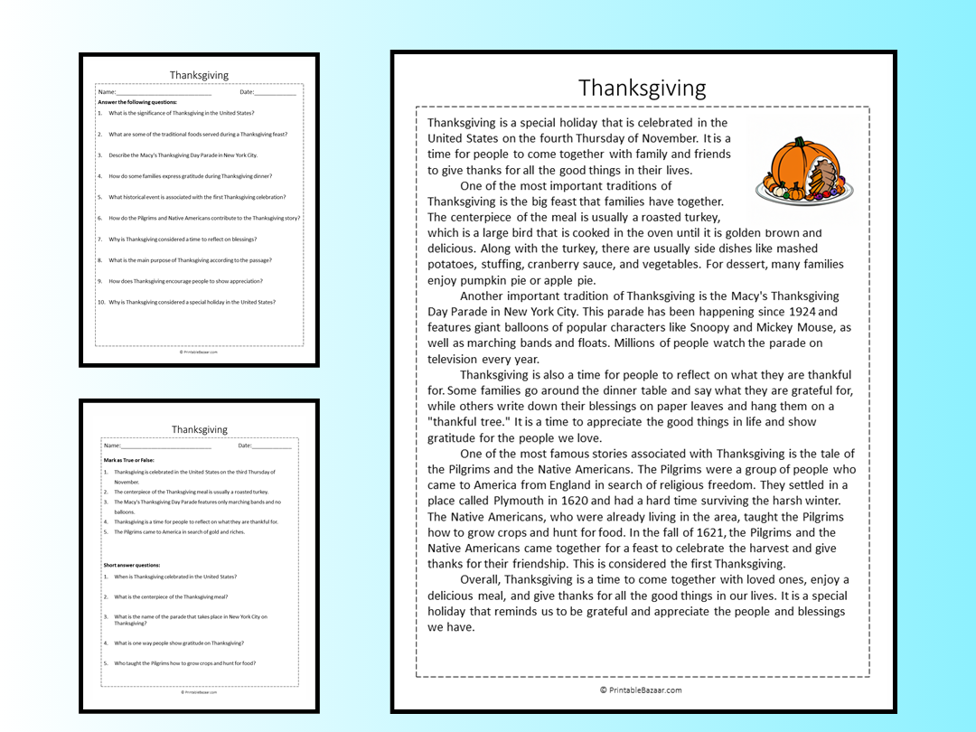 Thanksgiving Reading Comprehension Passage Printable Worksheet ...