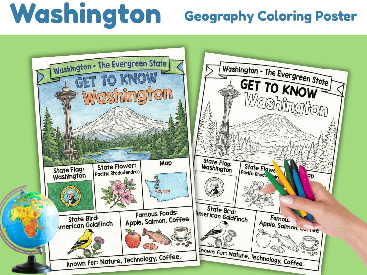 Washington Geography Coloring Poster | State Facts & Symbols
