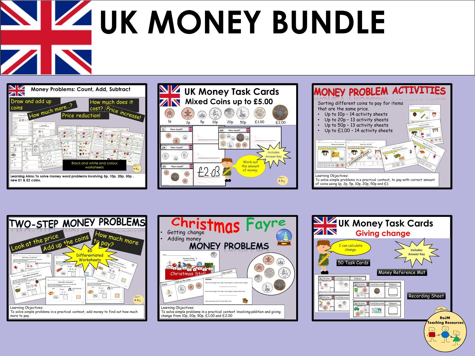 UK British Money Bundle Worksheets Task Cards | Teaching Resources