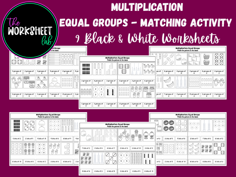 Multiplication - Equal Groups Matching Activity Worksheets in Black and White