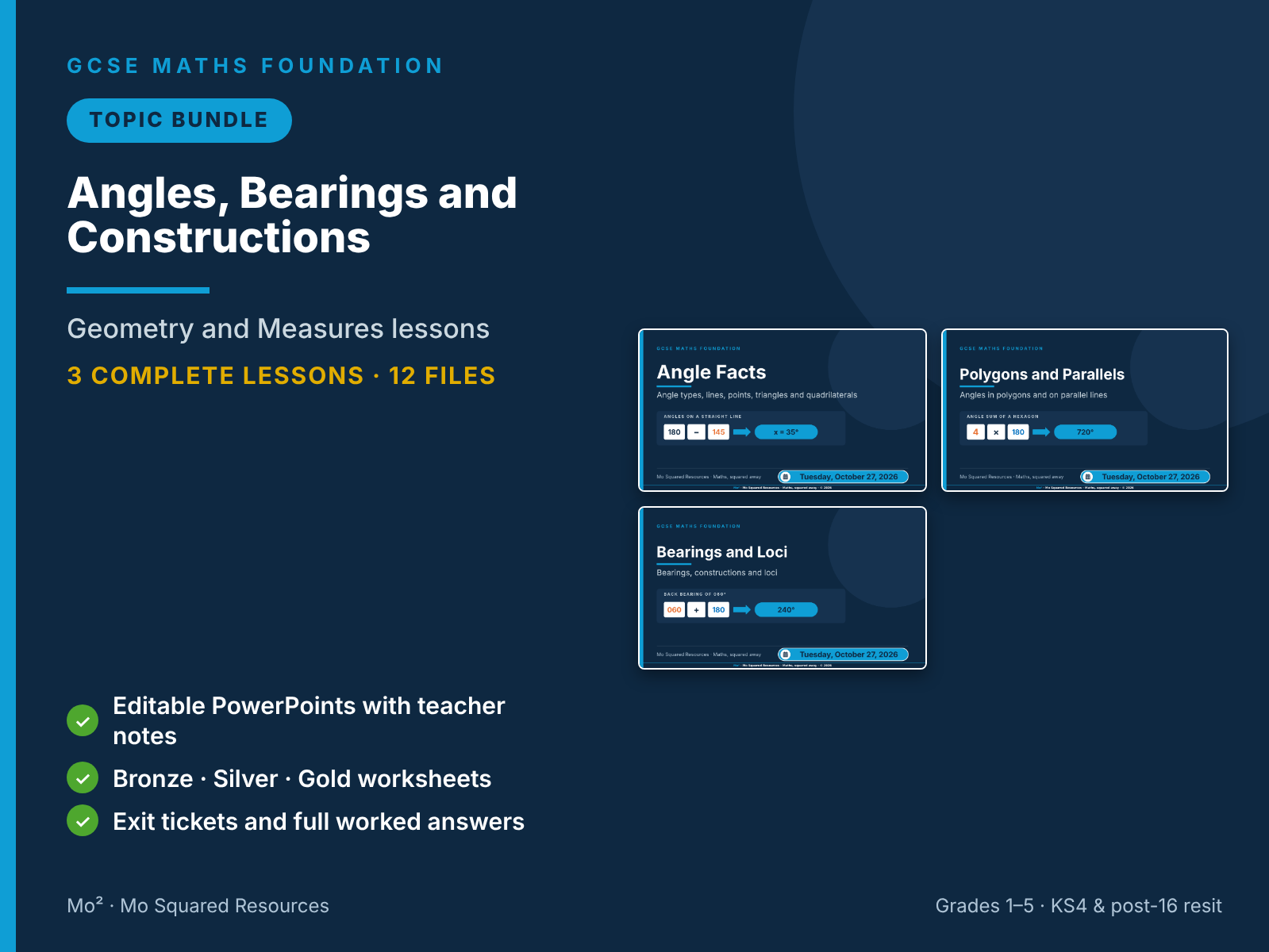 Angles, Bearings and Constructions – 3 GCSE Maths Foundation Lessons (Topic Bundle) with Worksheets & Answers