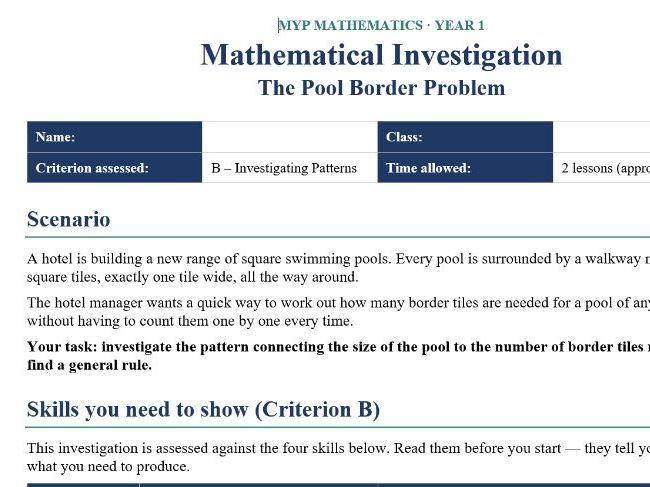 MYP Year 1 Maths Criteria B: Square Numbers, Swimming Pool Investigation.