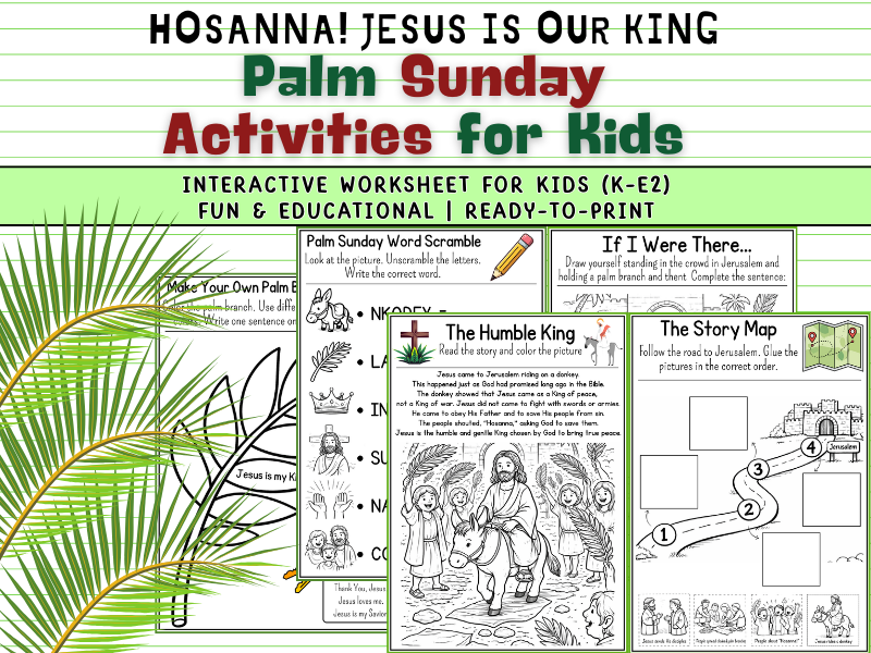 Hosanna! Jesus Is Our King |Palm Sunday Activities for Kids | Bible Worksheet