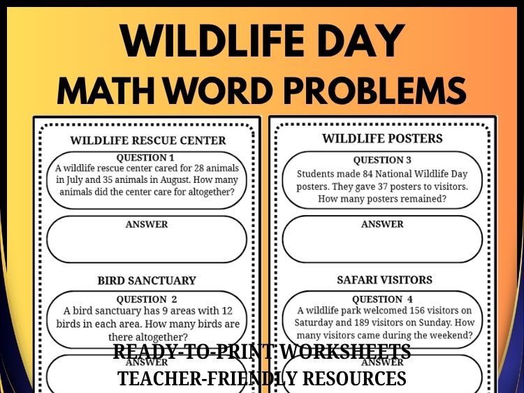 National Wildlife Day Math Word Problems | Wildlife Math Activities | Grades 2-8
