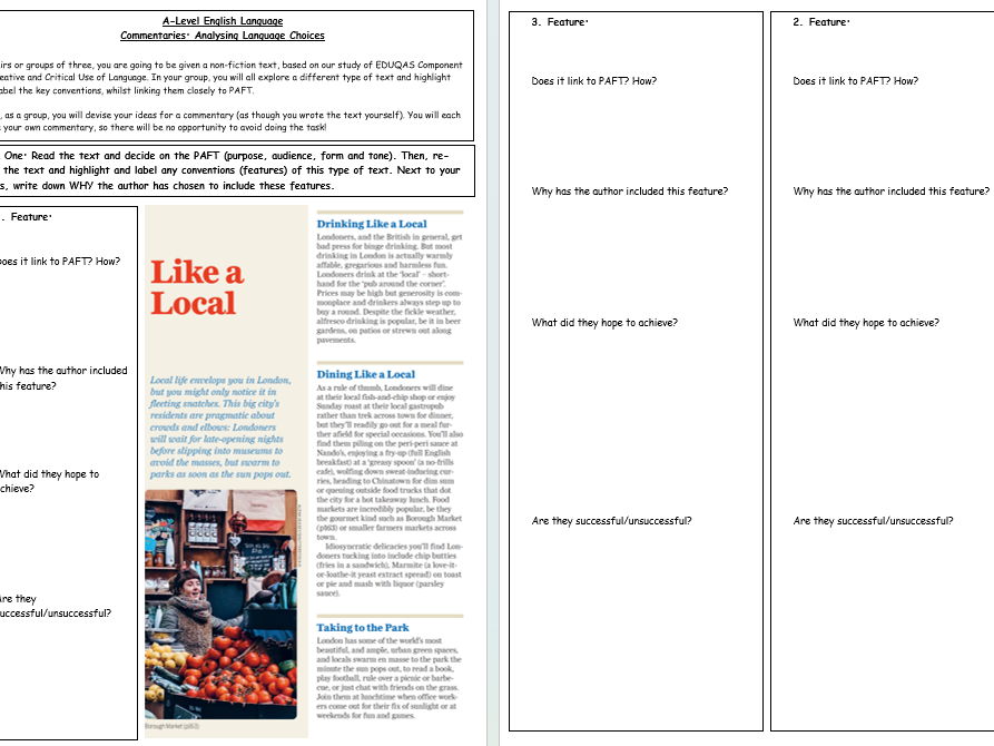 EDUQAS A-Level English Language Creative/Critical - Analysing & Commenting on Non-Fiction Texts