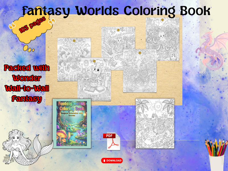 Fantasy Busy Pages Coloring Book with Full-Page Intricate Artwork for Ages 9–13.