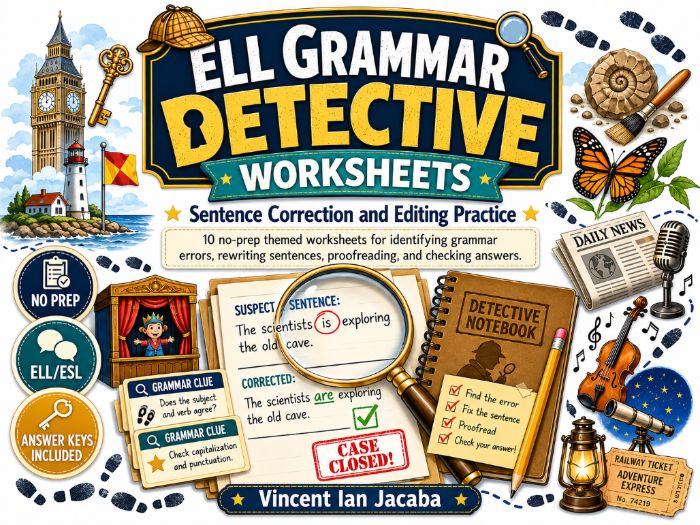 ELL/ESL Grammar Detective Worksheets | Sentence Correction & Editing Practice