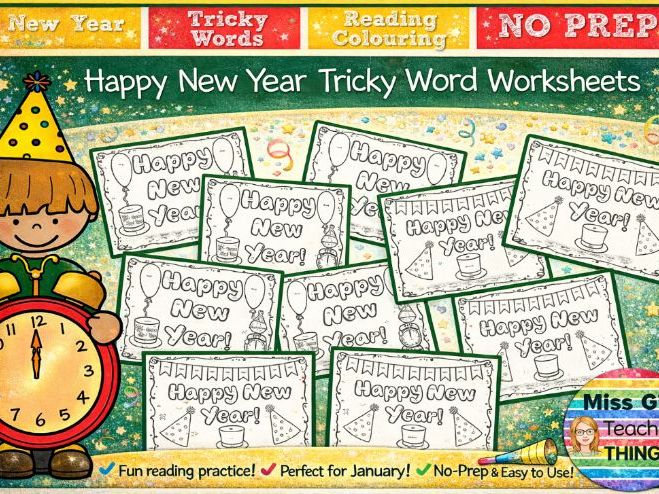 Happy New Year colour by tricky word sight words differentiated by phase 2, 3,4 and 5