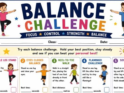 Balance Challenge Worksheet | Indoor PE Balance Activities | Coordination & Stability | PE | KS1/2