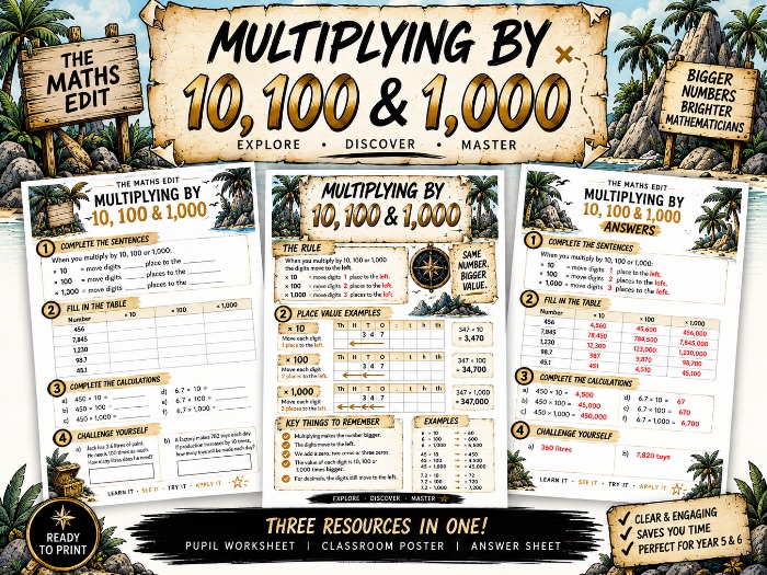 Multiplying by 10, 100 & 1,000 | KS2 Maths Worksheet, Poster & Answers