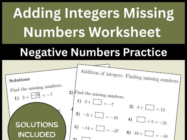 Adding Integers Missing Numbers Worksheet | Negative Numbers Practice