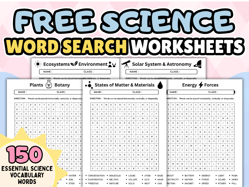 Free Science Word Search Worksheets with Answer Key (150 Essential Vocabulary Words)