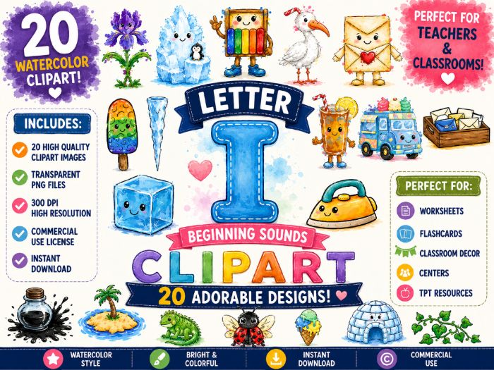 letter I beginning sound clipart, Watercolor Alphabet Clipart