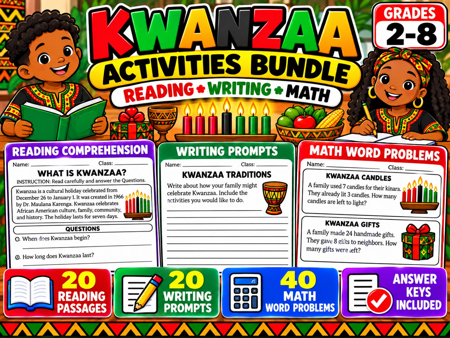Kwanzaa Activities Bundle | Reading, Writing & Math | Grades 2–8