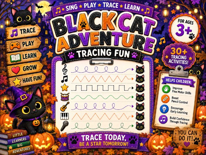 Halloween Tracing Worksheets | Black Cat Fine Motor & Pre-Writing Activities | Preschool–Grade 1