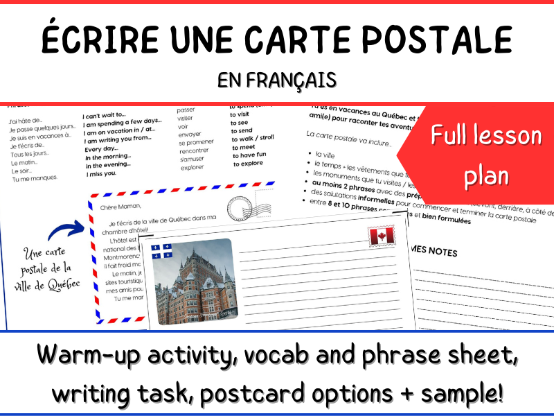 Writing a Postcard in French / en français - Full Lesson Plan - Quebec Travel