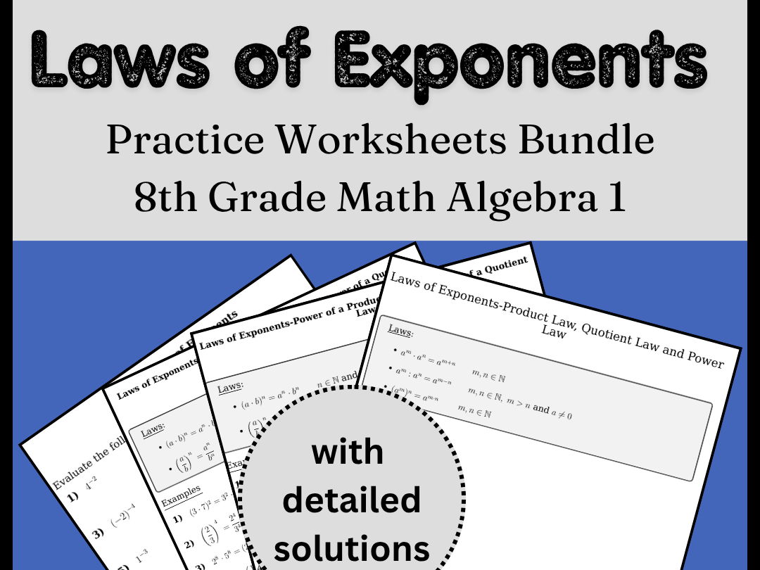 Laws of Exponents Practice Worksheets Bundle | 8th Grade Math Algebra 1