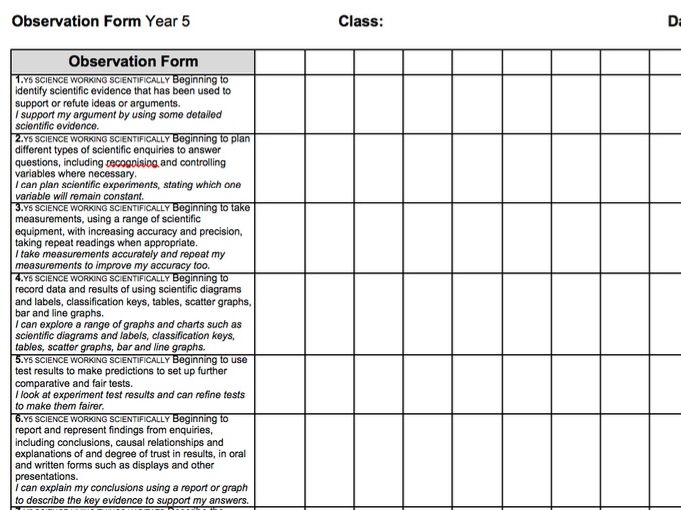 Year 5 2014 National Curriculum Science Assessment recording grid