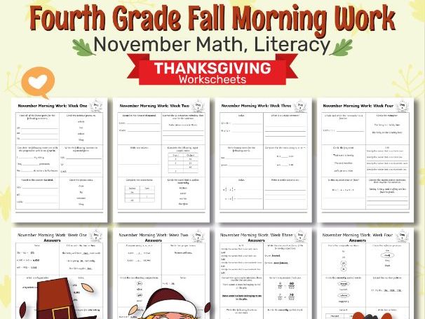 Fourth Grade Autumn Morning Work | November Math, Literacy & Thanksgiving Worksheets