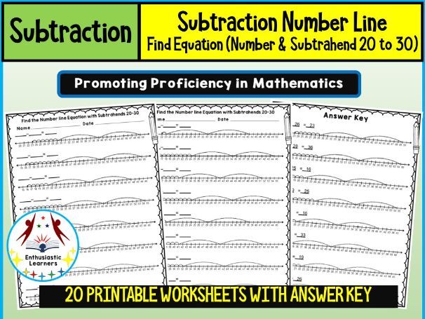 Find the Number Line Subtraction Equation Worksheets (Numbers and Subtrahends from 20 to 30)