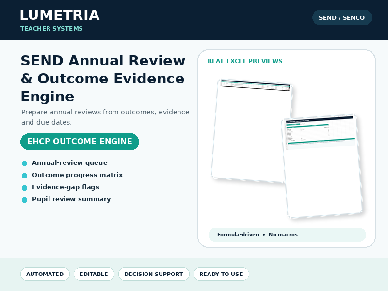 SEND Annual Review & EHCP Outcome Evidence Engine | Excel Review Queue & Progress Dashboard