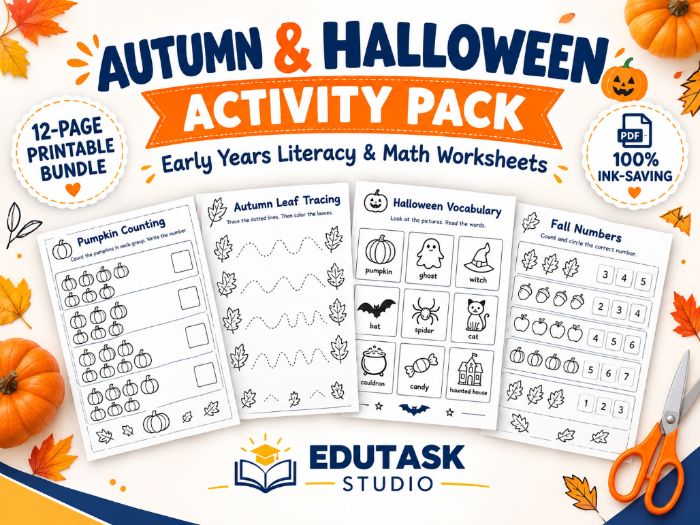 Autumn & Halloween Literacy & Math Activity Pack | Early Years & KS1 Prin & KS1 Printable