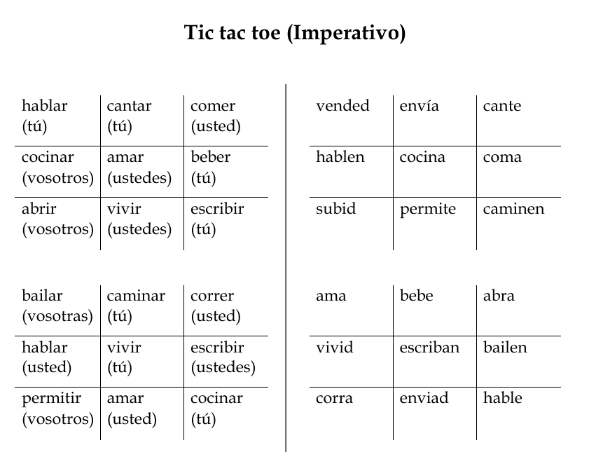 Tic Tac Toe Imperativo (verbos regulares) Worksheet