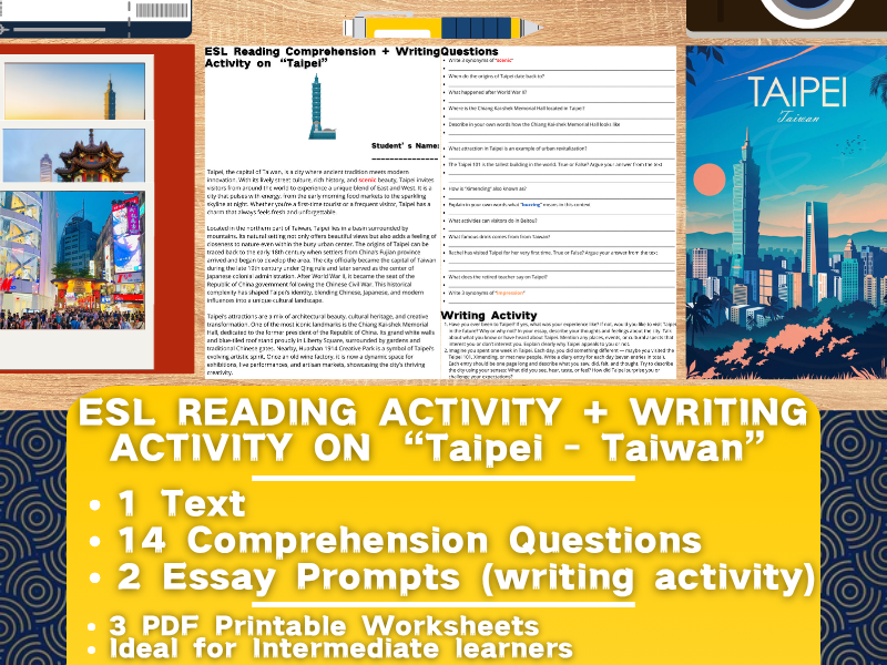 ESL Reading Comprehension + Writing Activity Worksheets on "Taipei" - Taiwan