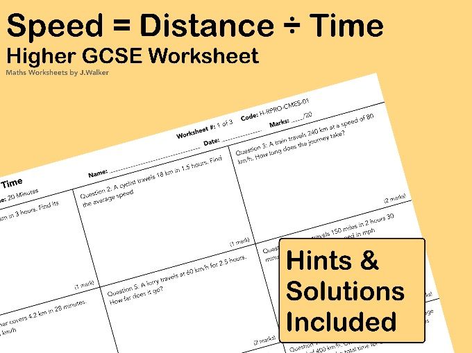GCSE Maths Worksheet: Speed = Distance ÷ Time - Higher Tier