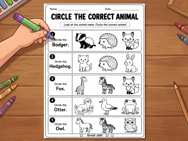 Animal Reading Worksheet | Circle the Correct Word | Early Phonics & Matching Activity