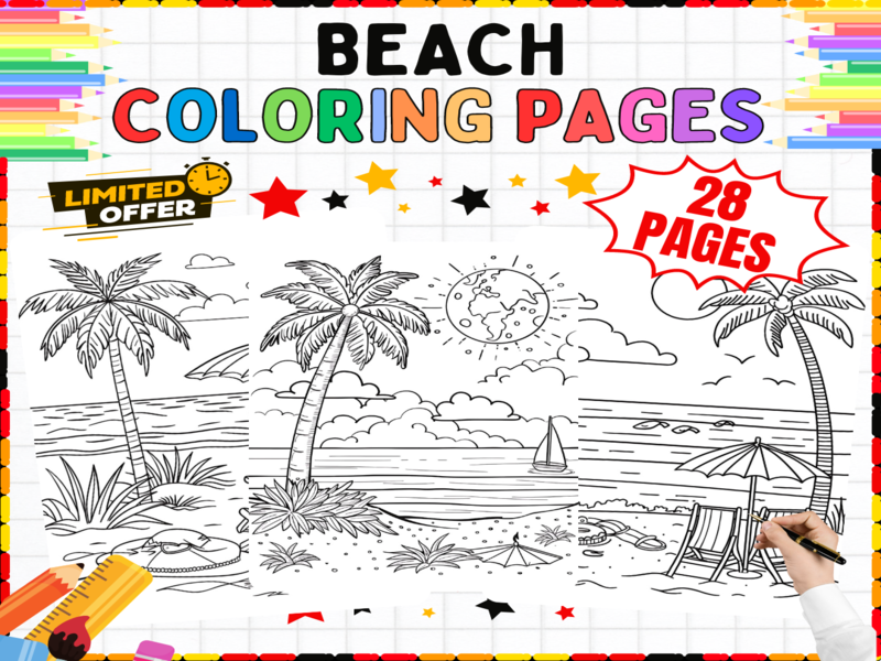Beach Coloring Pages | 28 Printable Summer Worksheets | Seaside Colouring Sheets for Kids
