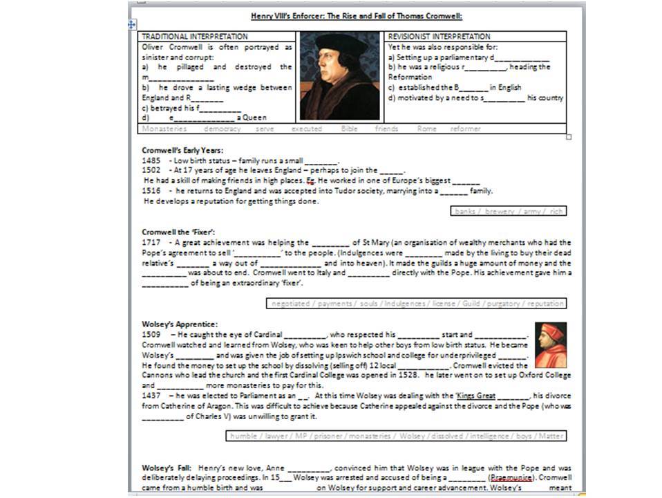 Henry VIII's Enforcer - The Rise and Fall of Thomas Cromwell - Supporting Worksheet for the BBC Doc