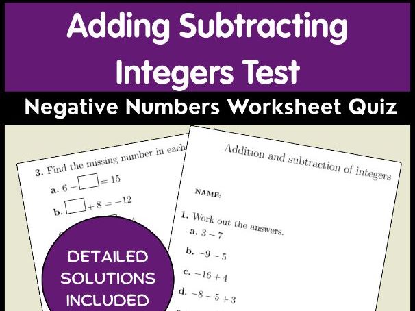 Adding Subtracting Integers Test | Negative Numbers Worksheet Quiz
