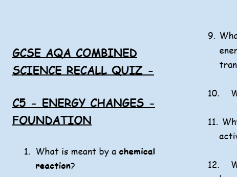 GCSE Chemistry C5 Energy Changes – 30 Foundation Retrieval Questions | AQA + Answers