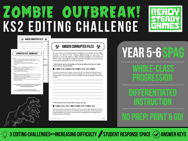 Zombie Outbreak! KS2 Grammar Editing Challenge - Year 5-6 SPAG Activity