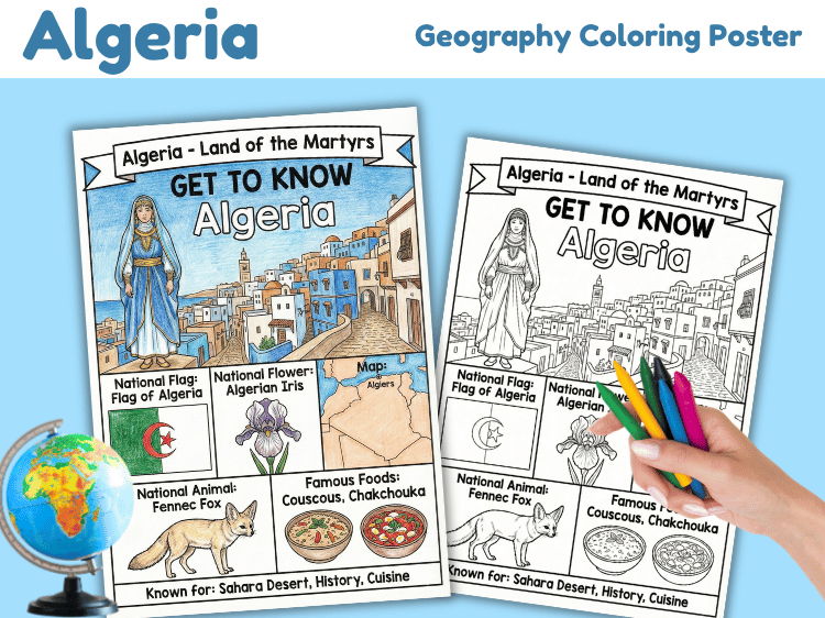 Algeria Geography Coloring Poster | Country Facts & Map Activity